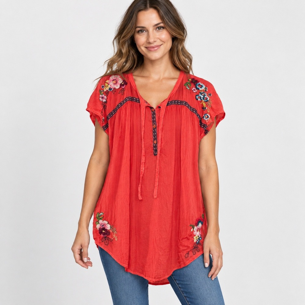 Johnny Was Tunic Top Floral Embroidered Cupra Rayon Boho Coral Red Size S